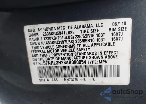 2010 Honda Odyssey Lx из США, поврежденный, VIN 5FNRL3H28AB090054